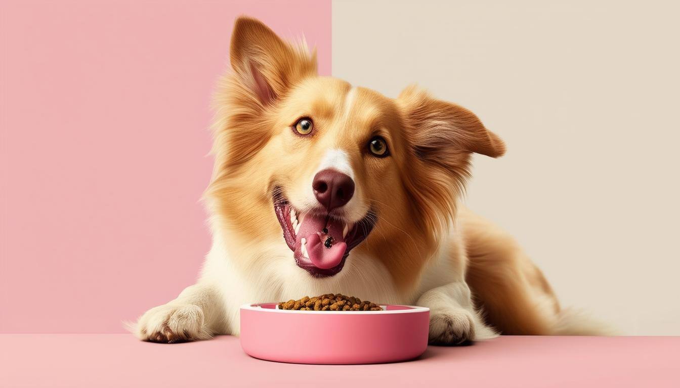 A centered shot of a happy dogyellow border collie eating froma bowl that is soft pink and neutral tones to match the bolds, pastel pink branding